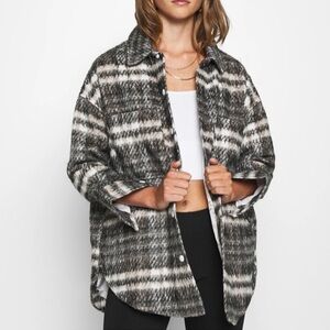 Missguided Boho Fall Plaid Snap Button Front Lined Wool Blend Shacket 8 Petite